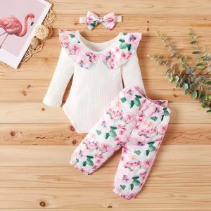 3-piece Floral Printed Ruffle Bodysuit with Headband & Pants for Baby Girl Wholesale children's clothing