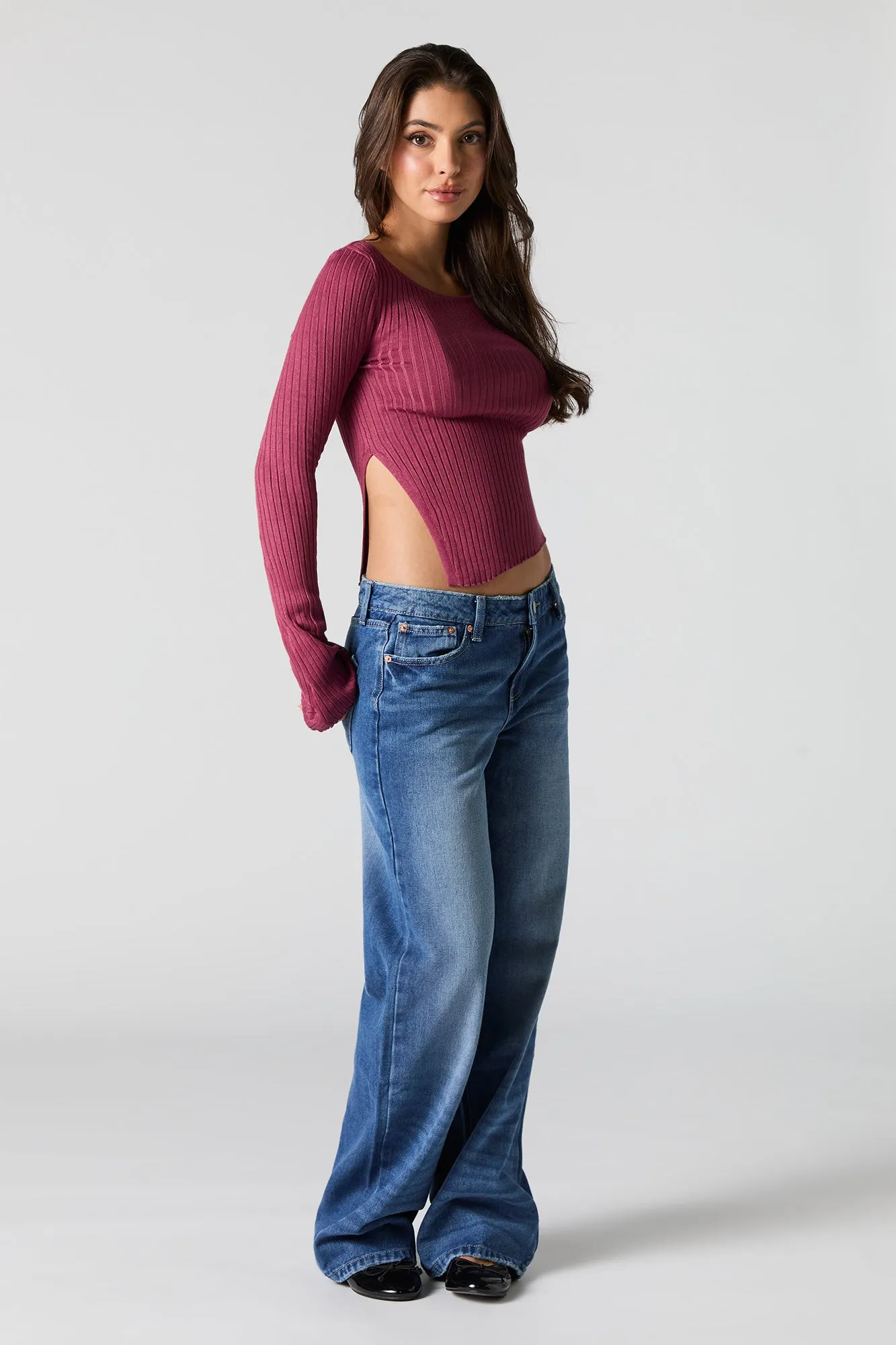 Asymmetrical Split Hem Ribbed Knit Sweater