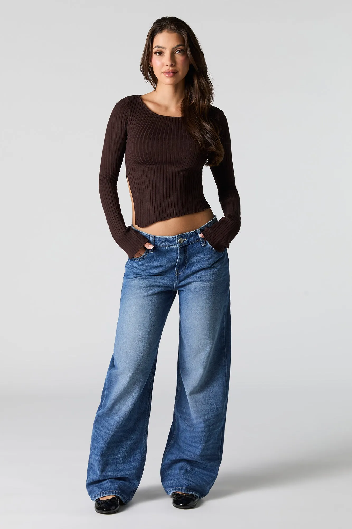 Asymmetrical Split Hem Ribbed Knit Sweater