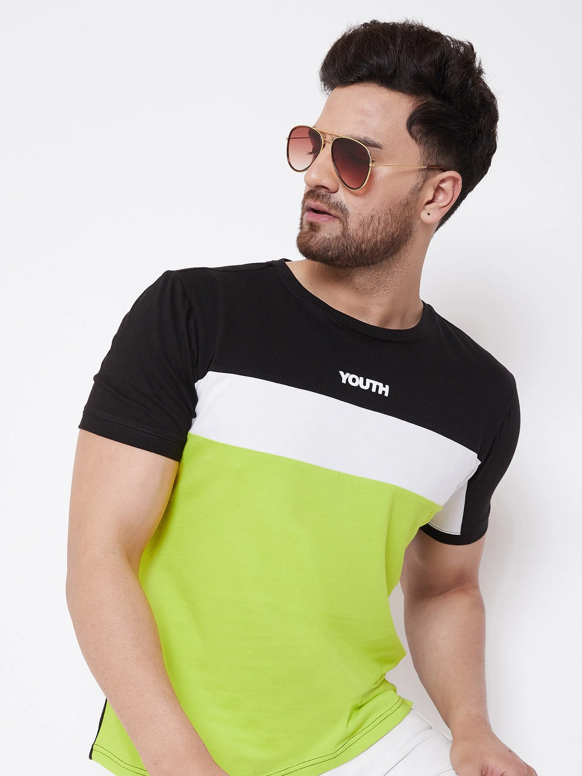 Black/White/Neon Green Printed Men's Half Sleeves Round Neck T-Shirt