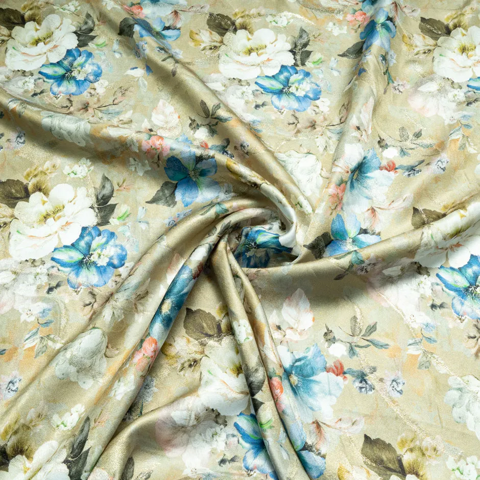 Blue & Ivory Floral Printed Metallic Jacquard Silk