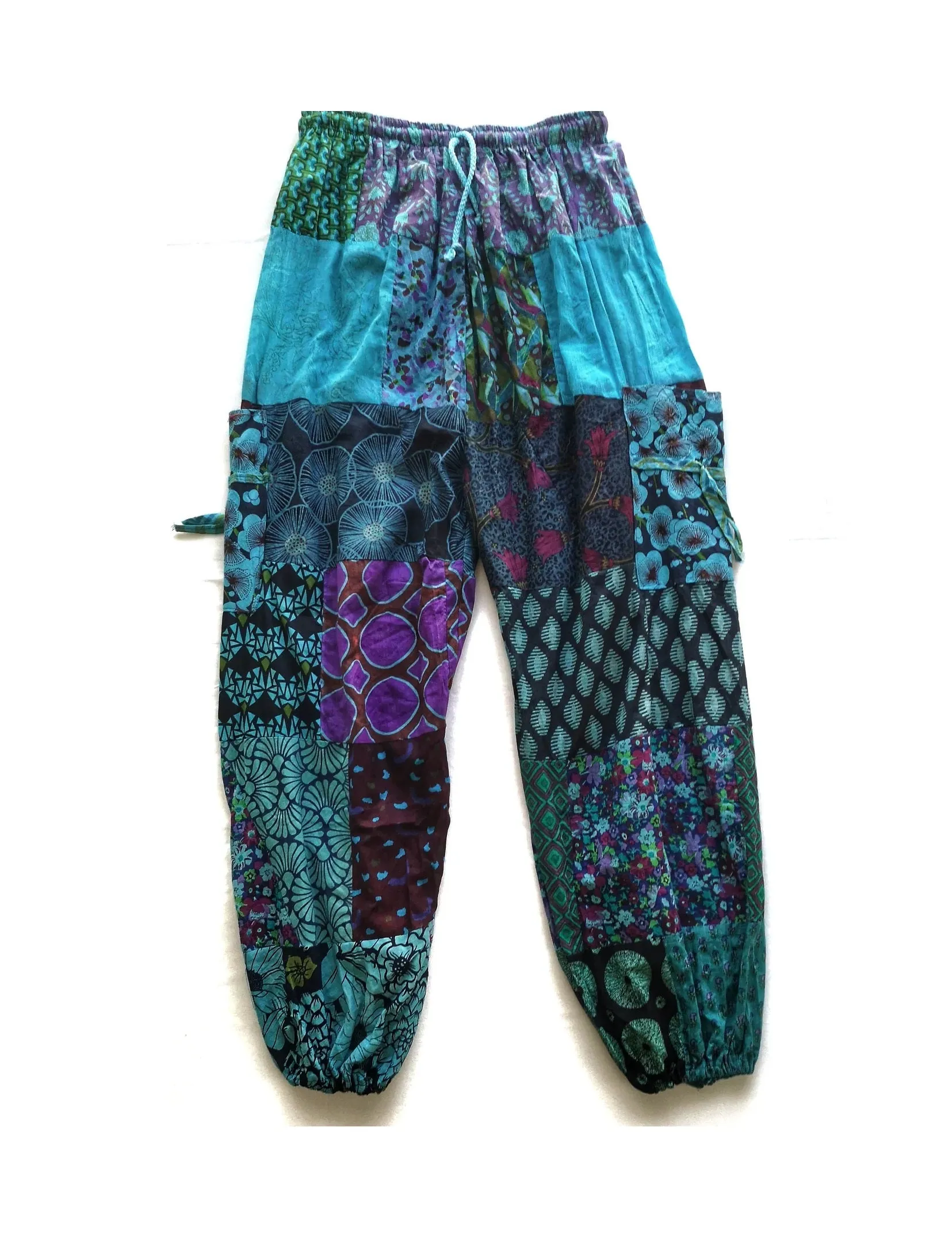 Boho Blue Patchwork Harem, Yoga Cotton Pants with Pockets