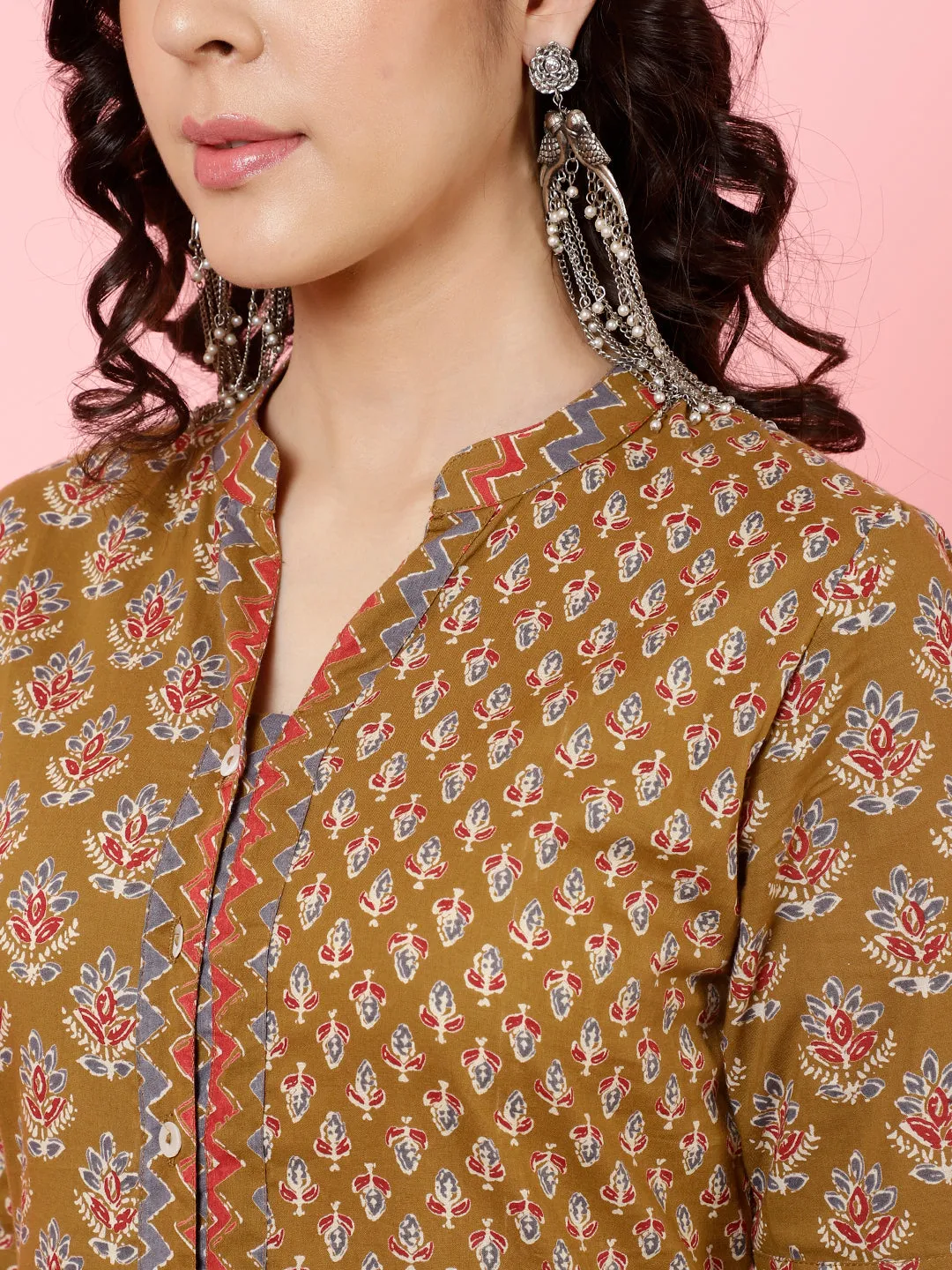 Brown Ethnic Printed Straight Kurta With Pants