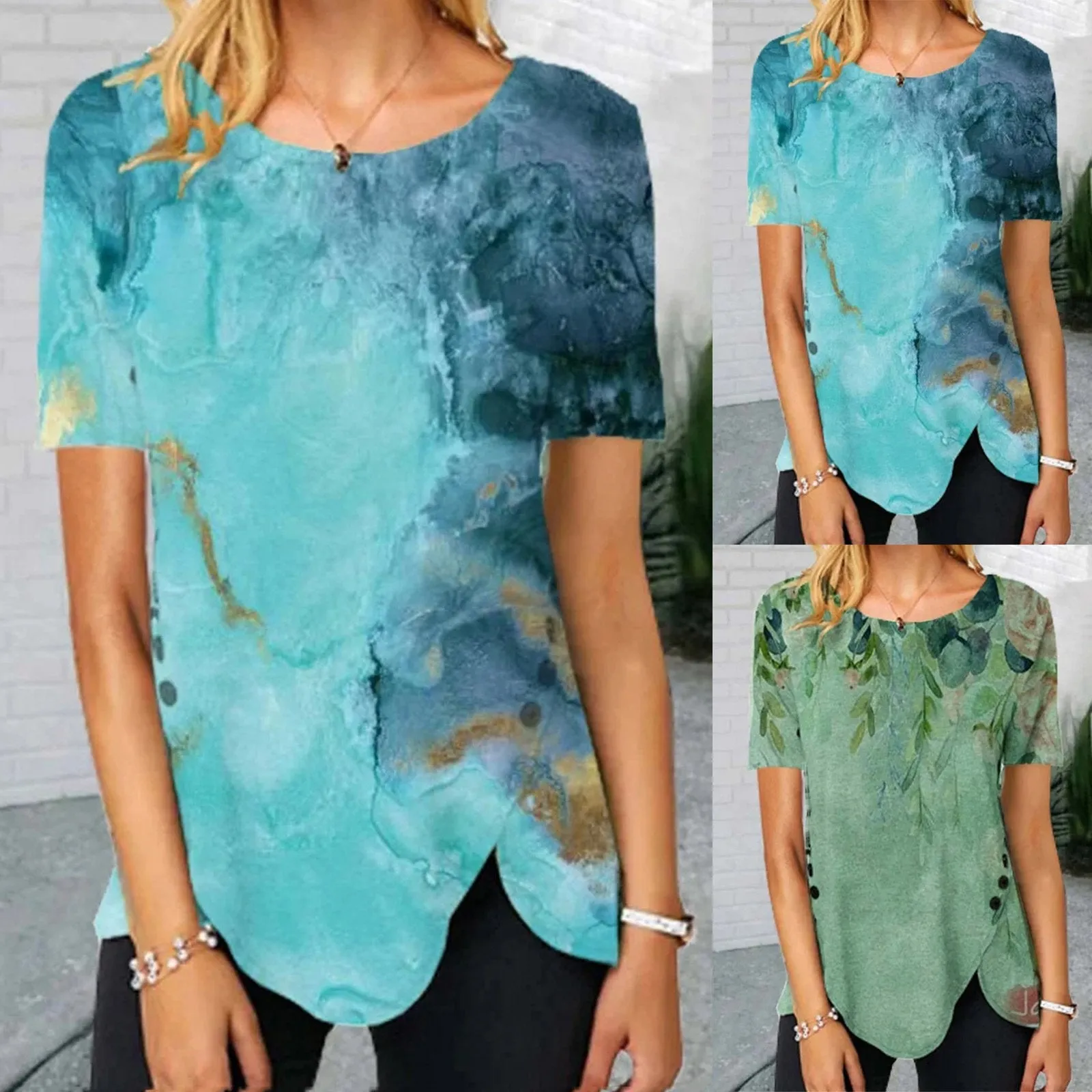 Casual round neck irregular hem button short-sleeved printed T-shirt