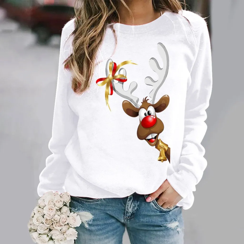 Christmas elk pattern printed long-sleeved round neck T-shirt women