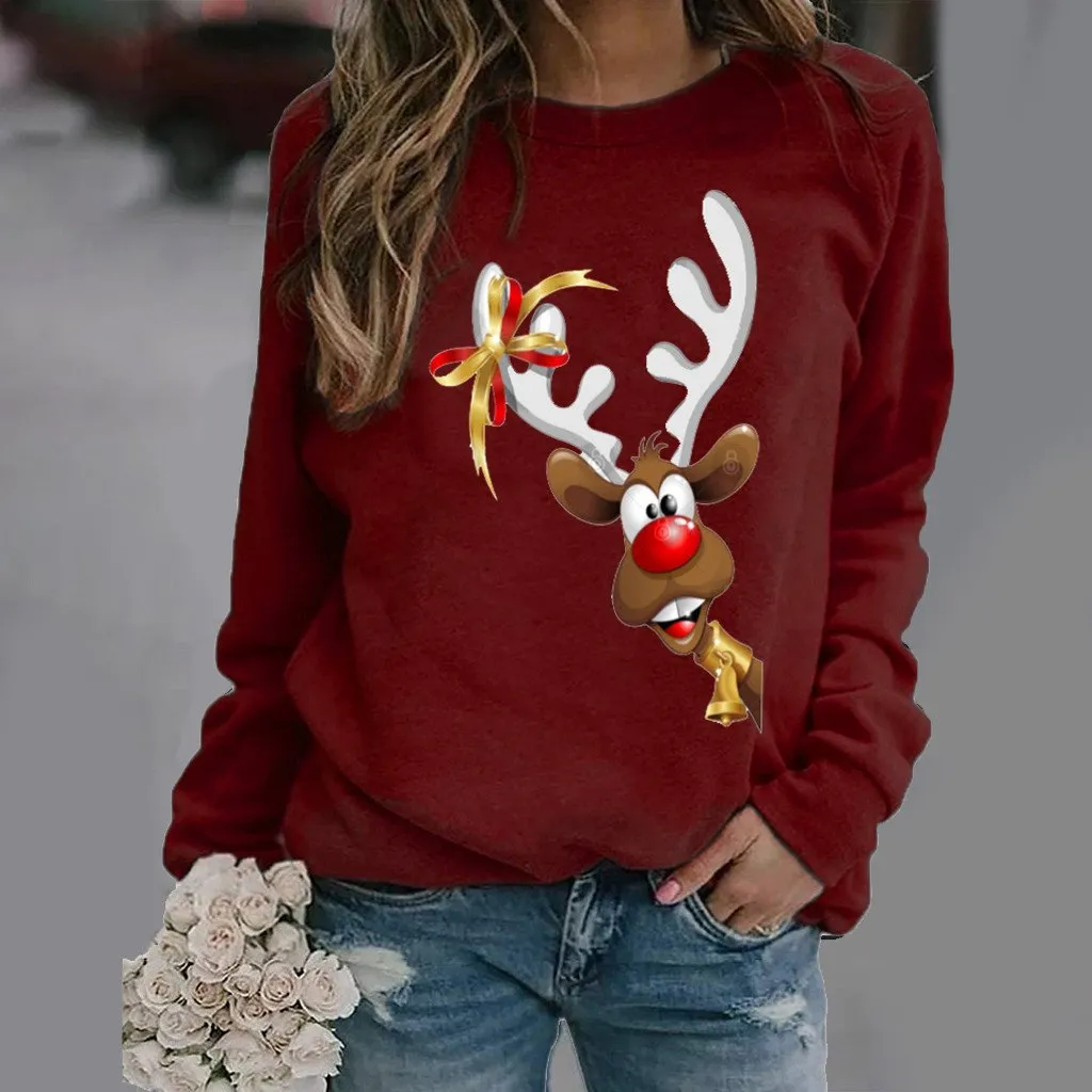 Christmas elk pattern printed long-sleeved round neck T-shirt women