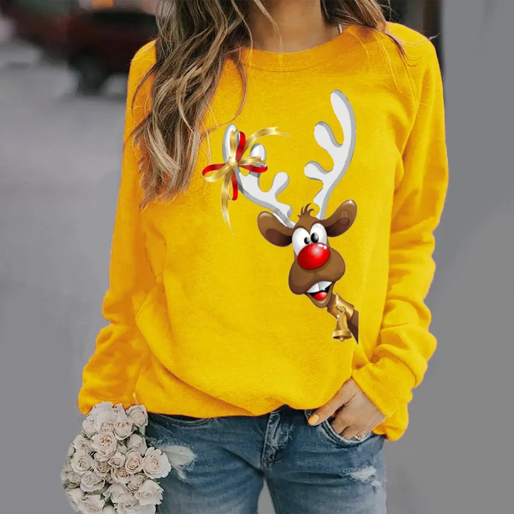 Christmas elk pattern printed long-sleeved round neck T-shirt women