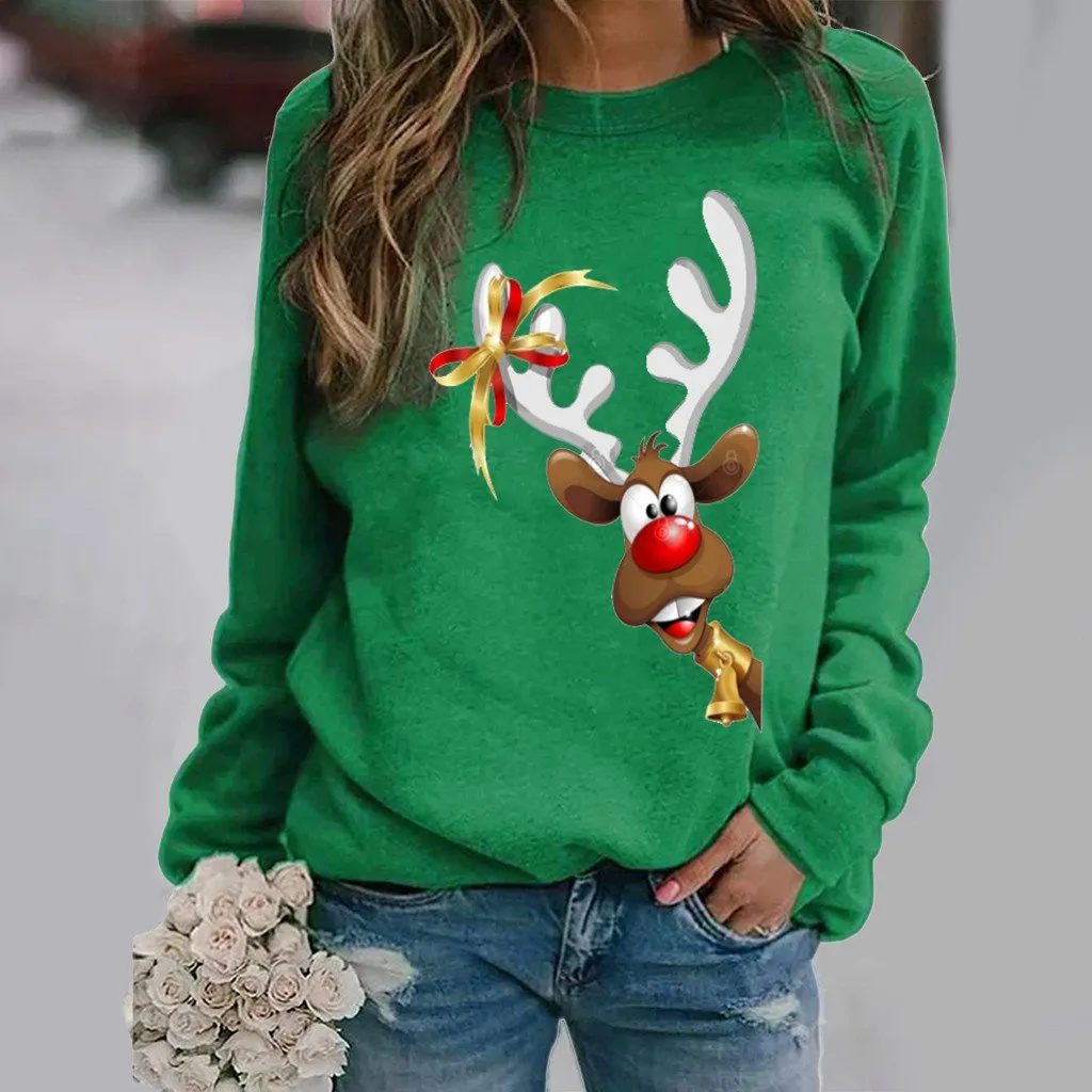 Christmas elk pattern printed long-sleeved round neck T-shirt women