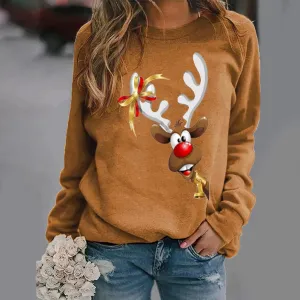 Christmas elk pattern printed long-sleeved round neck T-shirt women