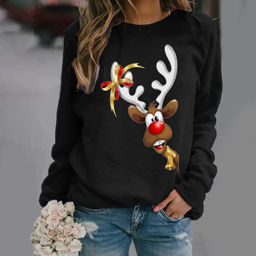 Christmas elk pattern printed long-sleeved round neck T-shirt women