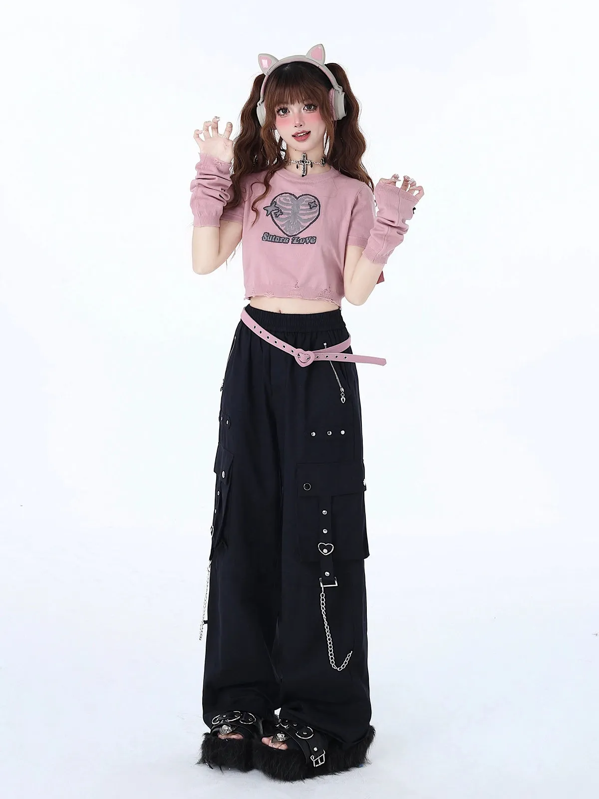 Crazygirl Kawaii Loose Straight-Leg Cargo Pants