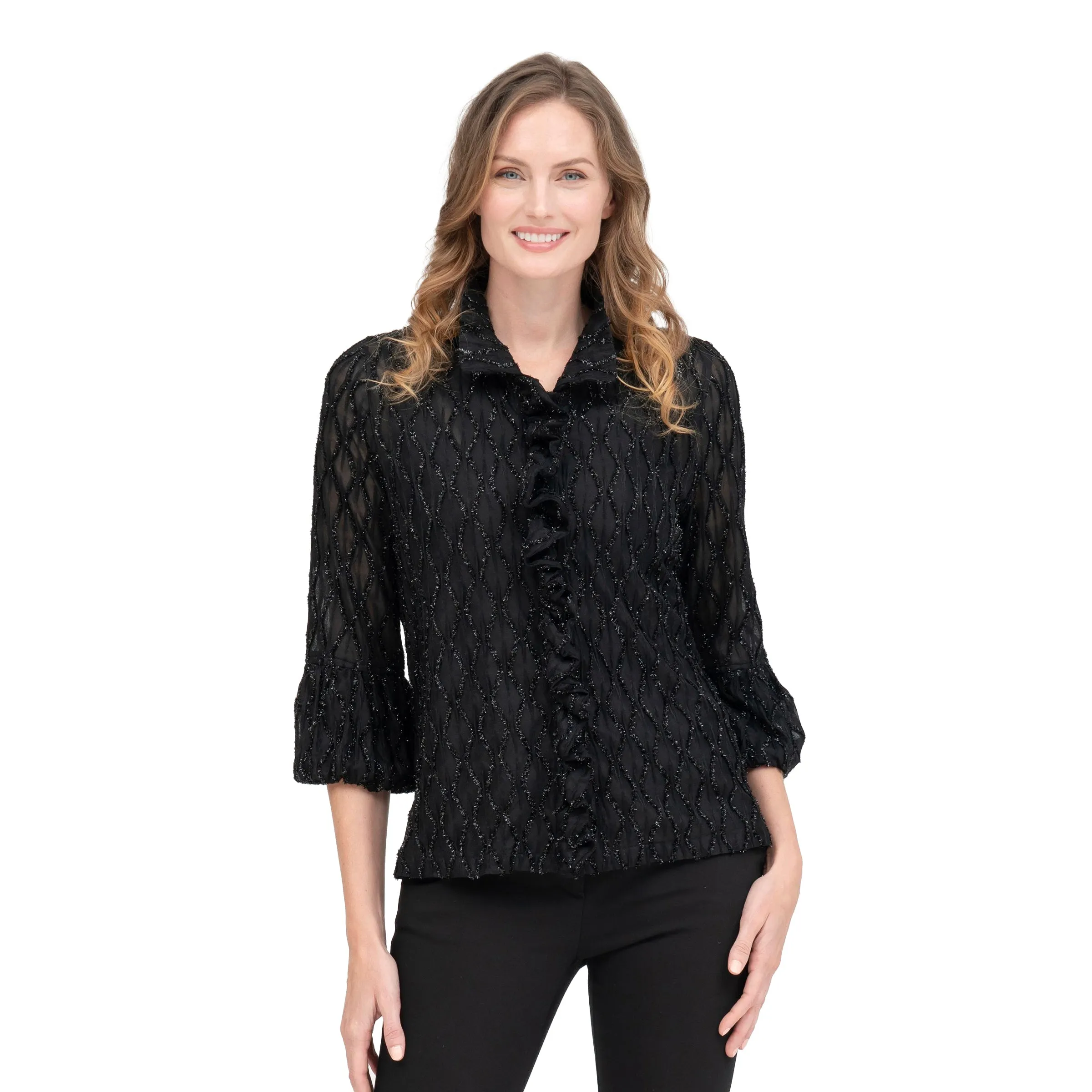 Damee Diamond Design Ruffle Placket Jacket in Black - 2397-BLK