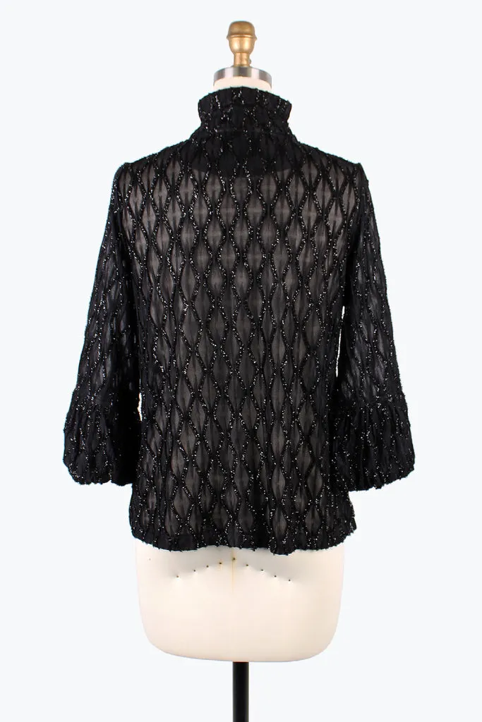 Damee Diamond Design Ruffle Placket Jacket in Black - 2397-BLK