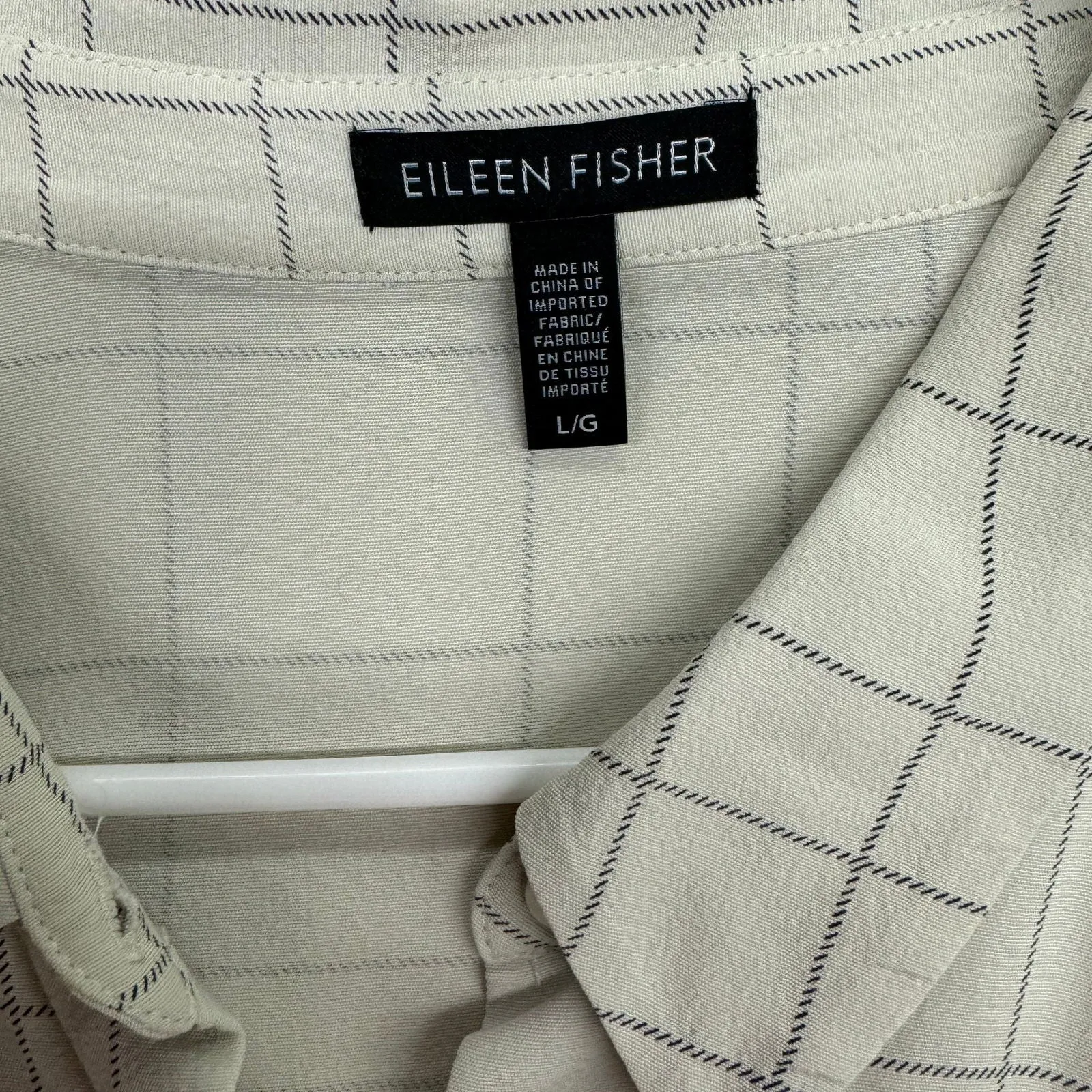 Eileen Fisher | Womens Windowpane Button-Up Blouse | Color: Ivory/Black | Size: L | Pre-Owned