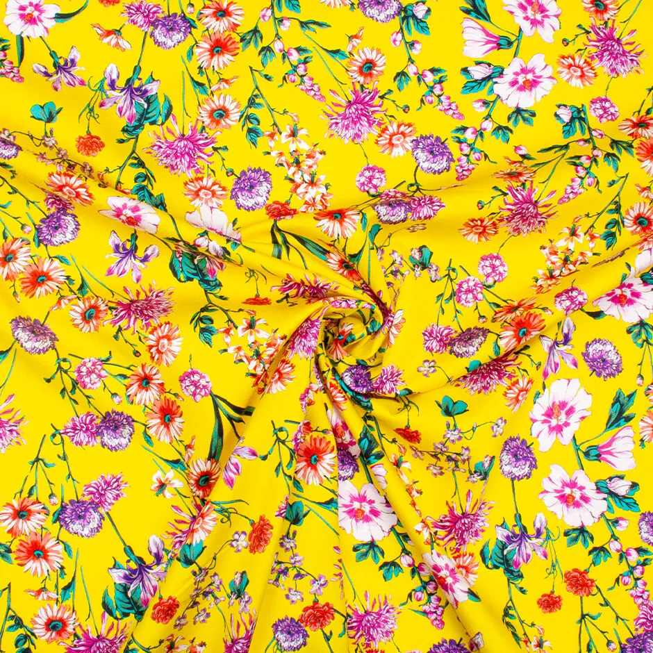 Elegant Multi Floral Printed Canary Yellow Luxury Cotton