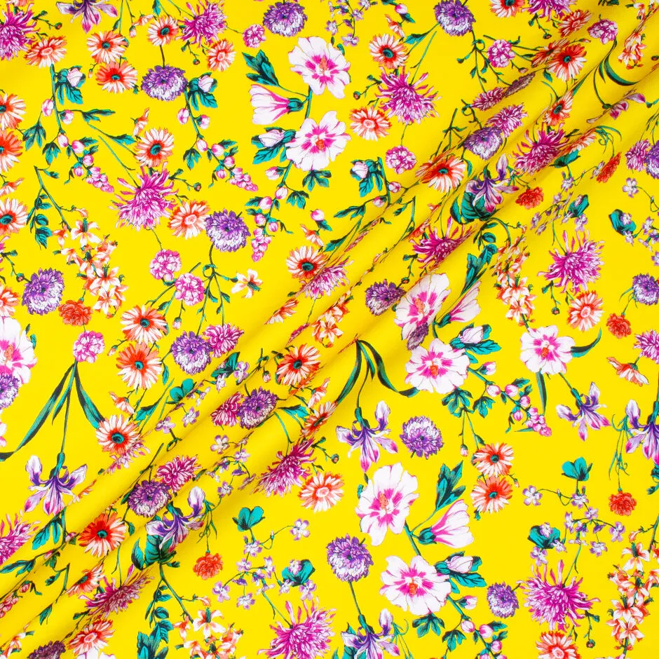 Elegant Multi Floral Printed Canary Yellow Luxury Cotton