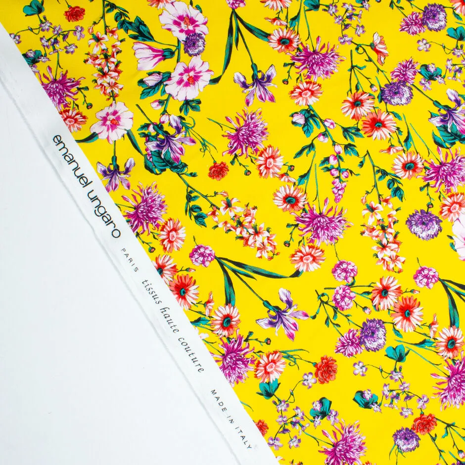 Elegant Multi Floral Printed Canary Yellow Luxury Cotton