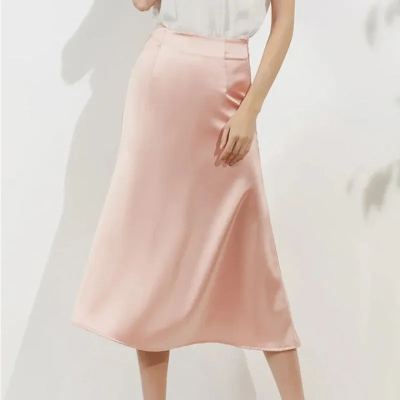 Elegant Solid Color Satin Silk Texture High Waist A-line Maxi Skirt