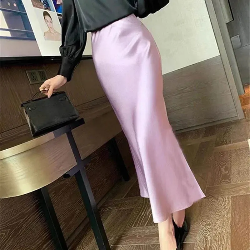 Elegant Solid Color Satin Silk Texture High Waist A-line Maxi Skirt