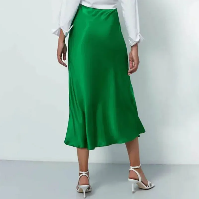 Elegant Solid Color Satin Silk Texture High Waist A-line Maxi Skirt