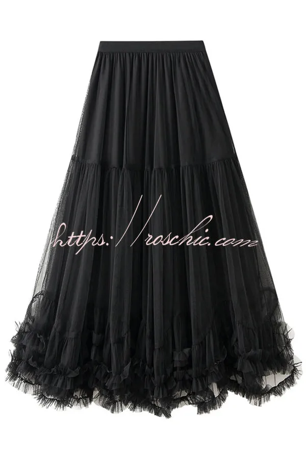 Elegant Tulle Stretch Waist Paneled Pleated Maxi Skirt