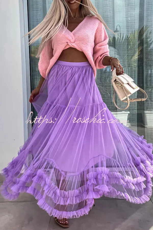 Elegant Tulle Stretch Waist Paneled Pleated Maxi Skirt