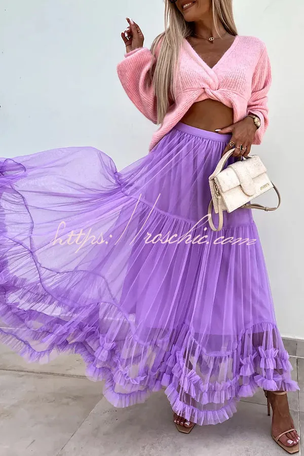 Elegant Tulle Stretch Waist Paneled Pleated Maxi Skirt