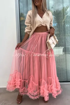 Elegant Tulle Stretch Waist Paneled Pleated Maxi Skirt