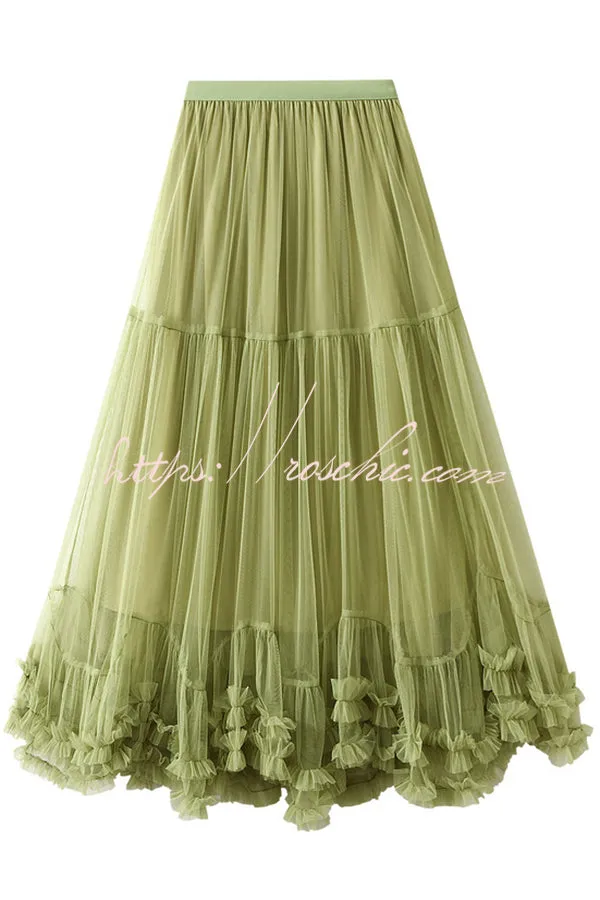 Elegant Tulle Stretch Waist Paneled Pleated Maxi Skirt