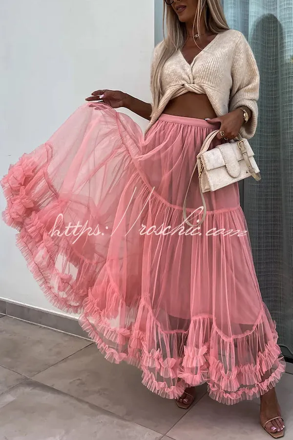 Elegant Tulle Stretch Waist Paneled Pleated Maxi Skirt