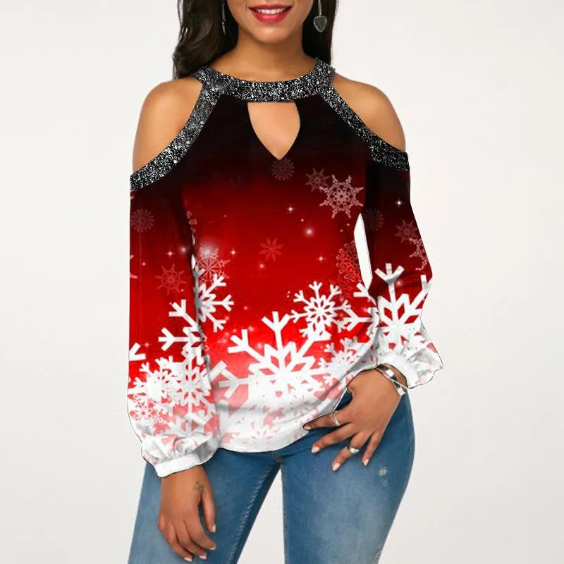 Elk print sexy off-the-shoulder plus size blouse lantern sleeve Christmas women's clothing