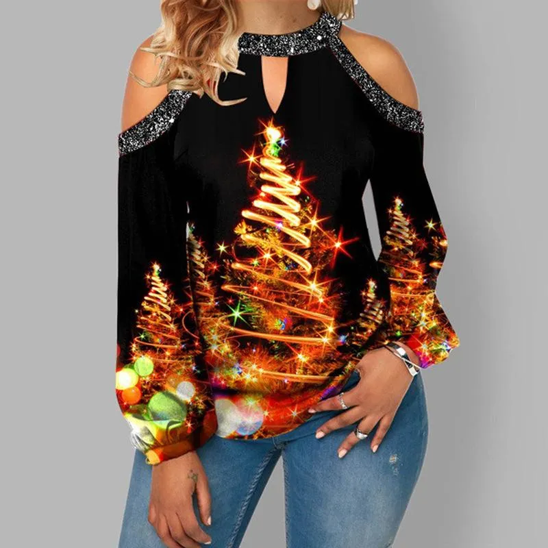 Elk print sexy off-the-shoulder plus size blouse lantern sleeve Christmas women's clothing