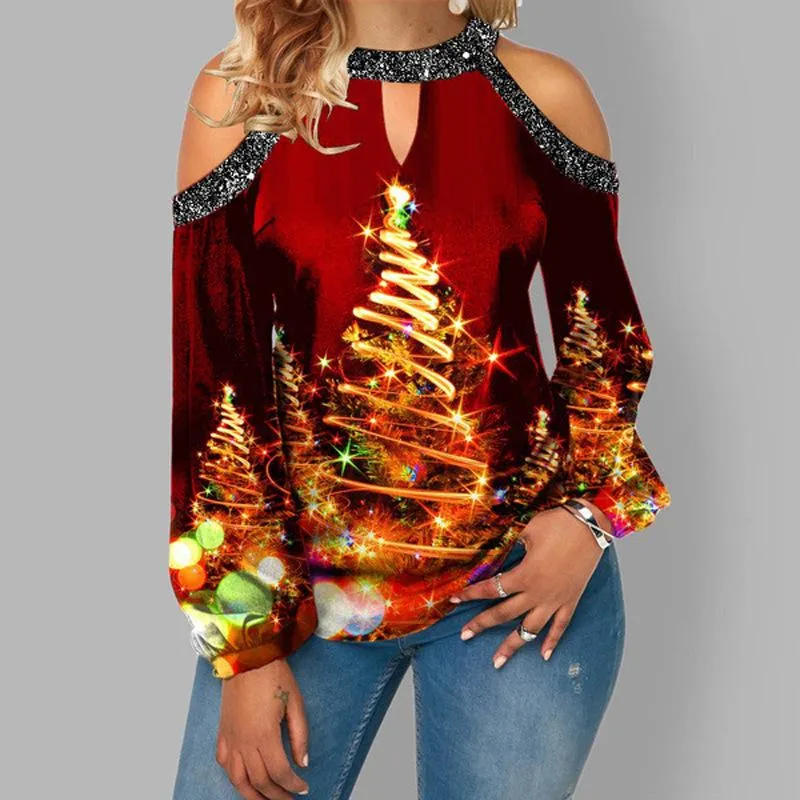 Elk print sexy off-the-shoulder plus size blouse lantern sleeve Christmas women's clothing