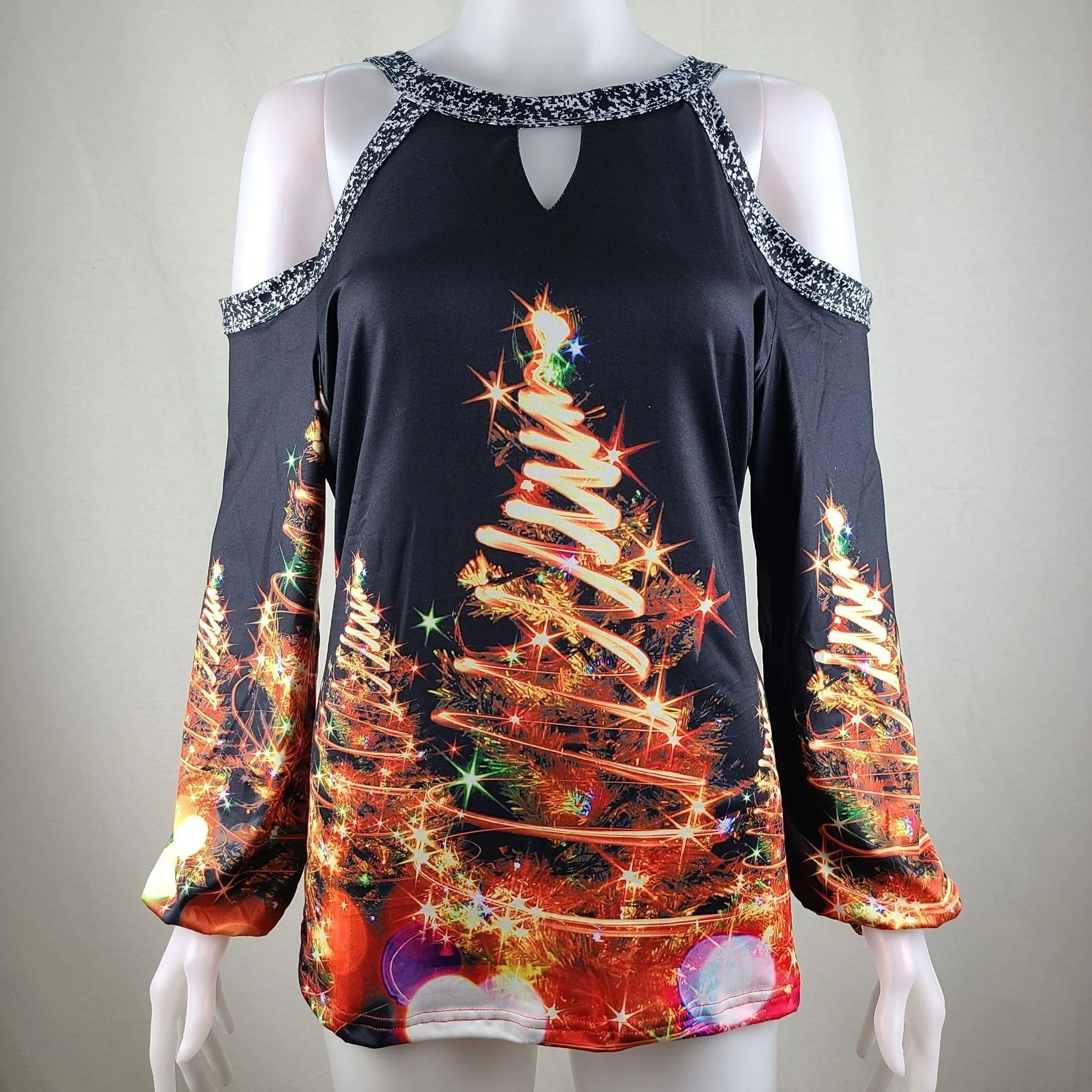 Elk print sexy off-the-shoulder plus size blouse lantern sleeve Christmas women's clothing