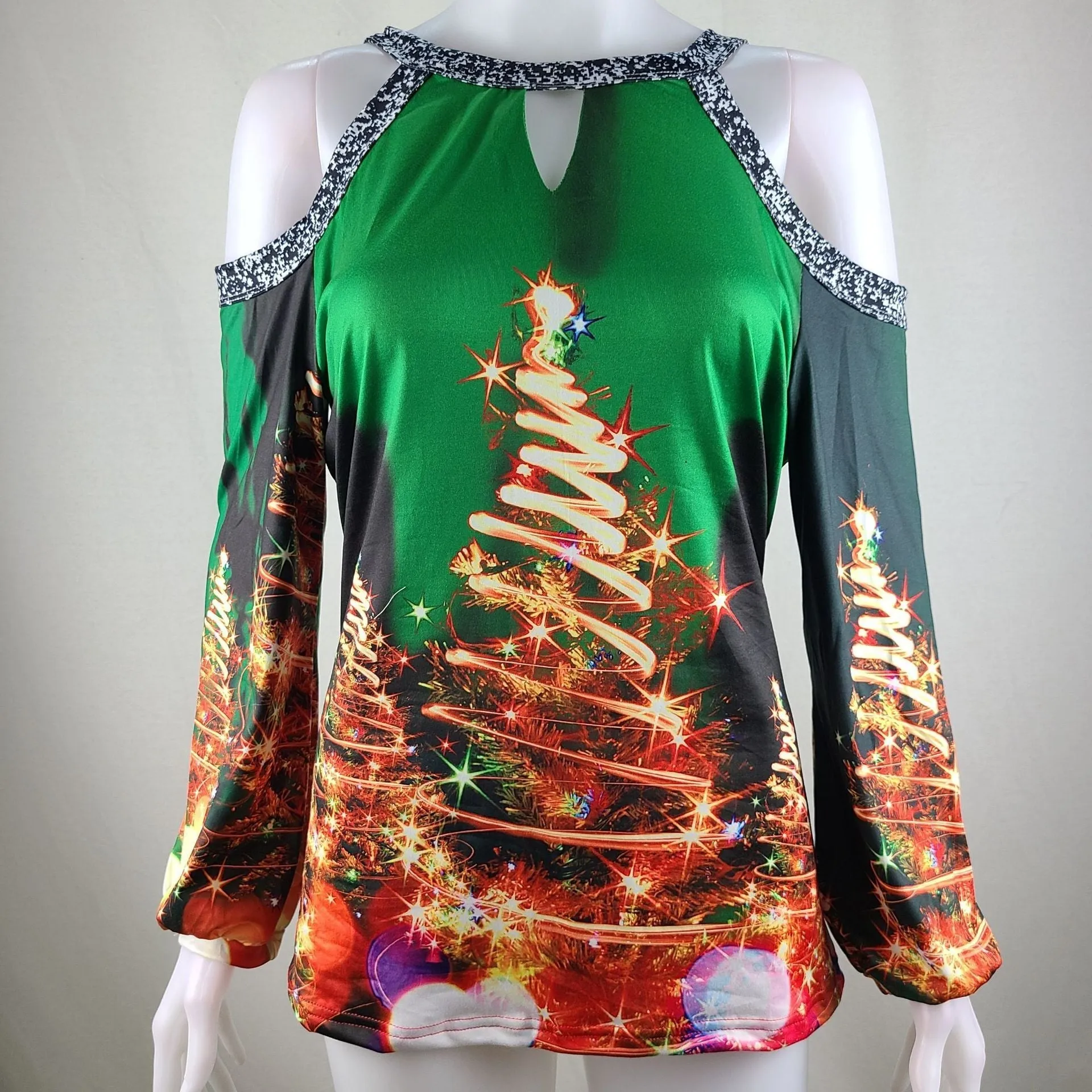 Elk print sexy off-the-shoulder plus size blouse lantern sleeve Christmas women's clothing