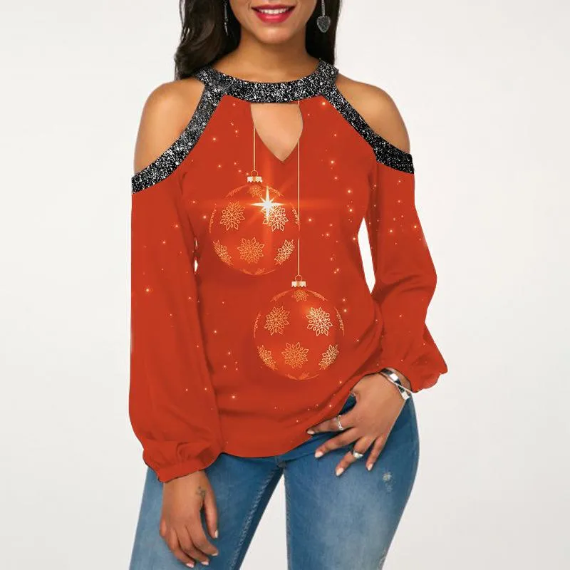 Elk print sexy off-the-shoulder plus size blouse lantern sleeve Christmas women's clothing