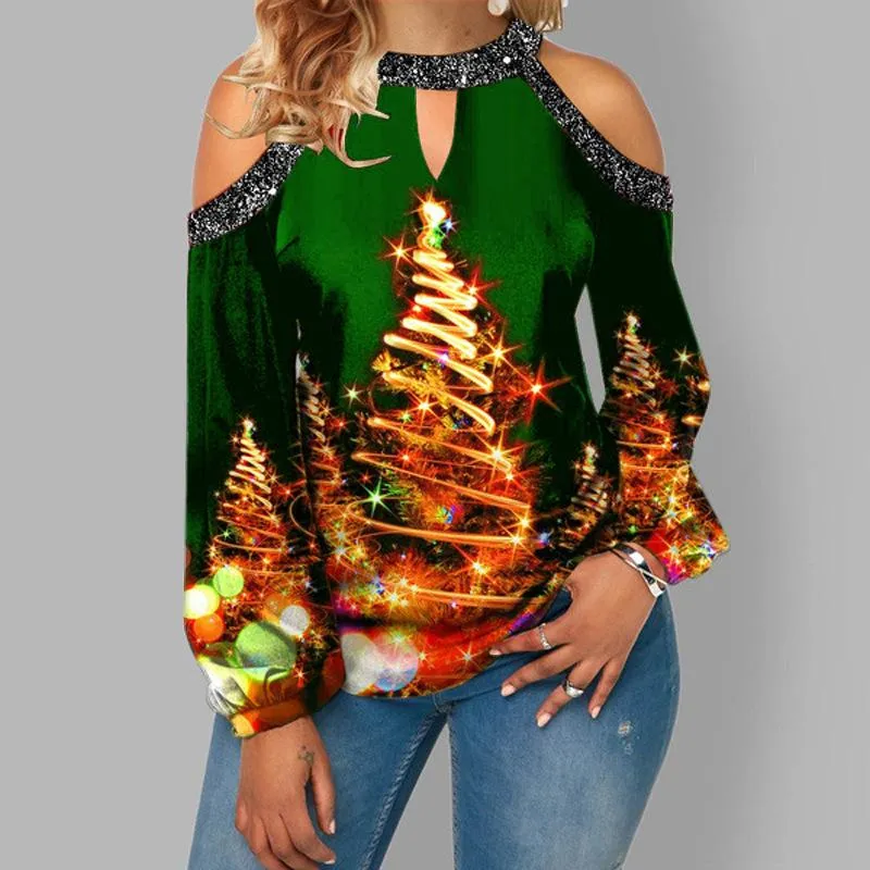 Elk print sexy off-the-shoulder plus size blouse lantern sleeve Christmas women's clothing