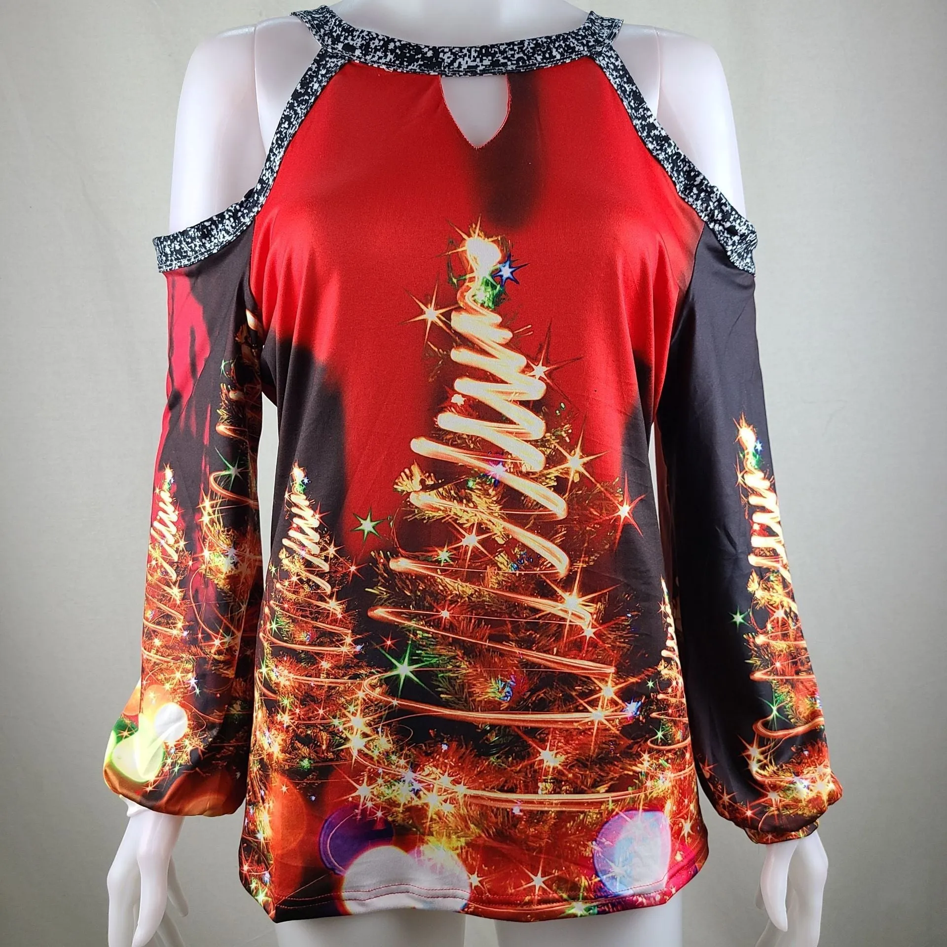 Elk print sexy off-the-shoulder plus size blouse lantern sleeve Christmas women's clothing