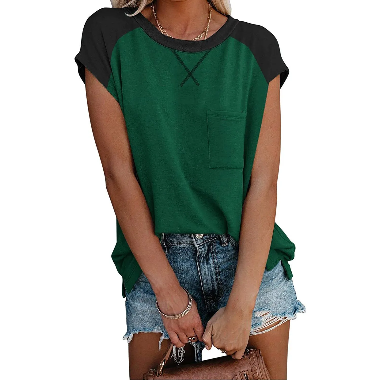 Fashion color matching raglan sleeves cross pocket short sleeve round neck T-shirt