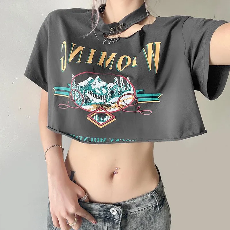 Fashion letter printing loose irregular navel exposed T-shirt women