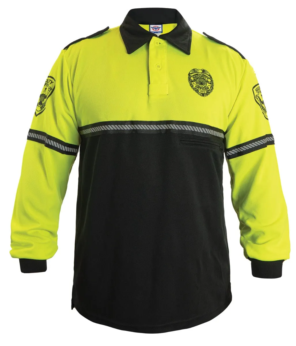 First Class Long Sleeve Security Badge and Patch Two Tone Bike Patrol Polo Shirt with Zipper Pocket and Reflective Hash Stripes