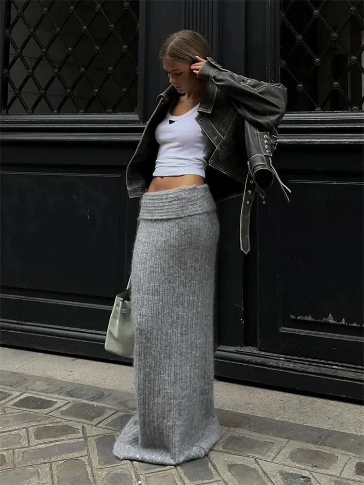 High Autumn Loose Elegant Casual Winter Long Knitted Waist Retro Skirt