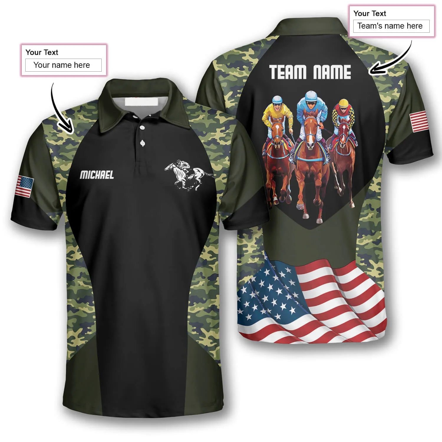 Horse Racing Camo Waving Flag Custom Equestrian Shirts for Men