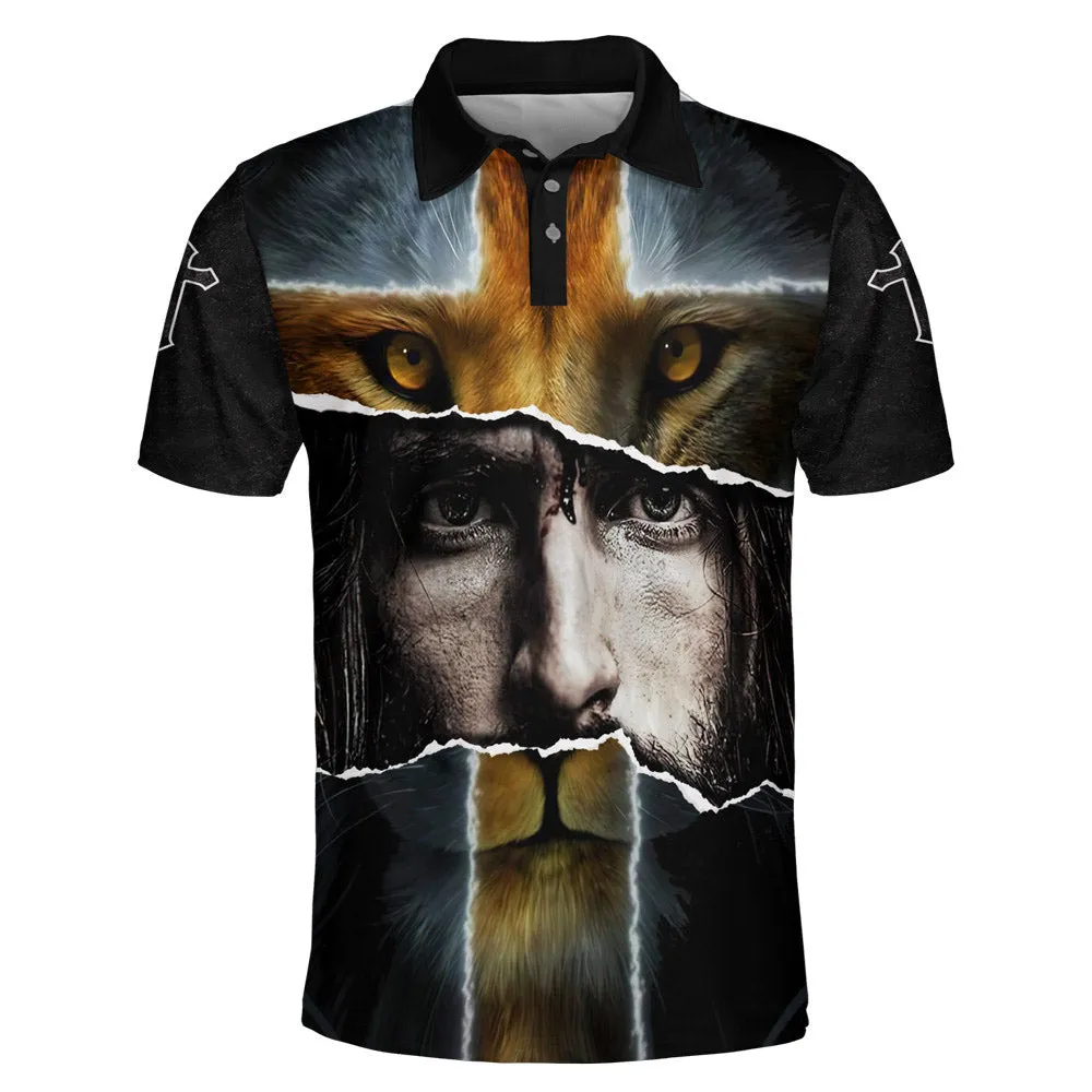 Jesus Picture And Lion Polo Shirt - Christian Shirts & Shorts