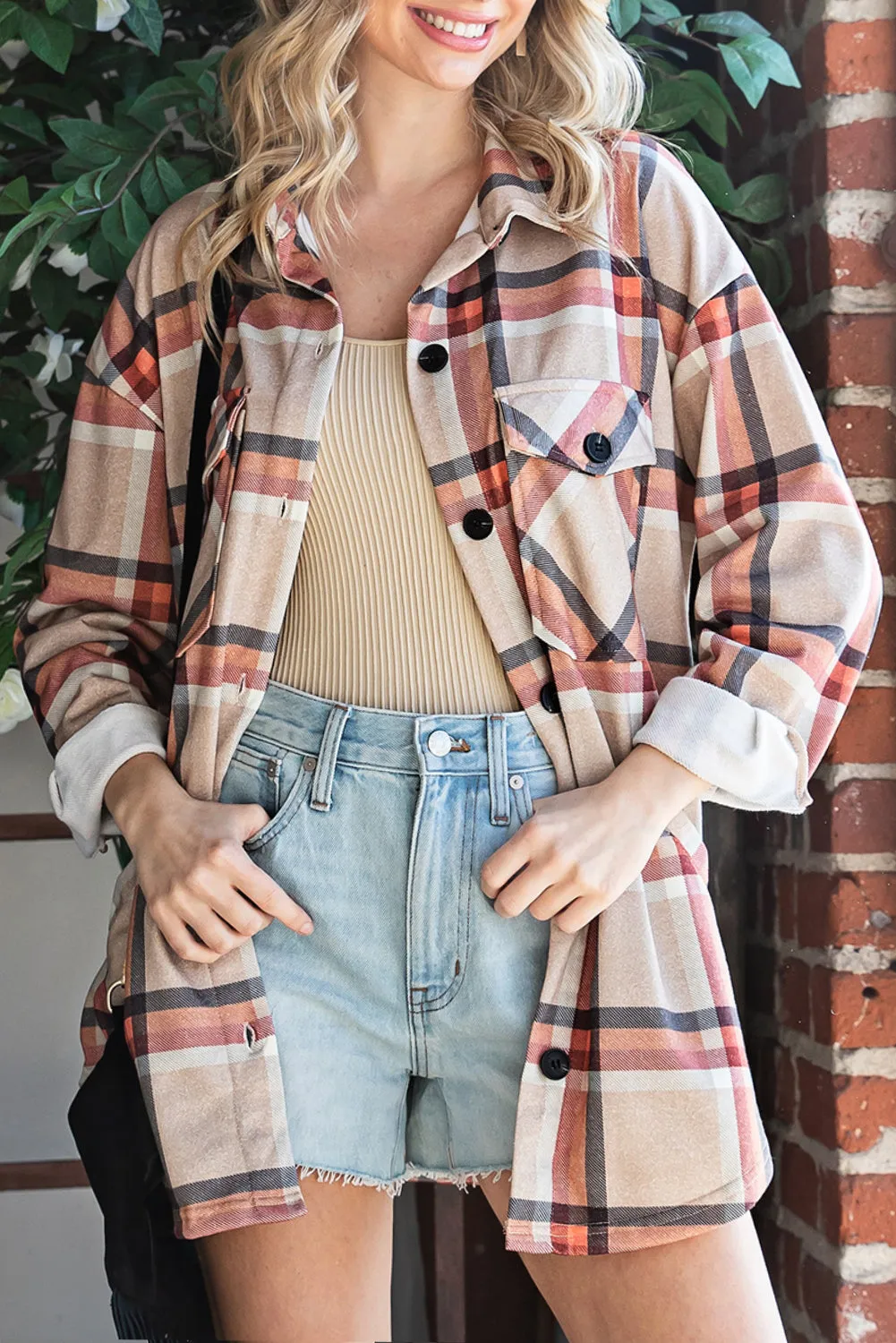 Khaki Chest Pockets Buttoned Oversized Plaid Shacket