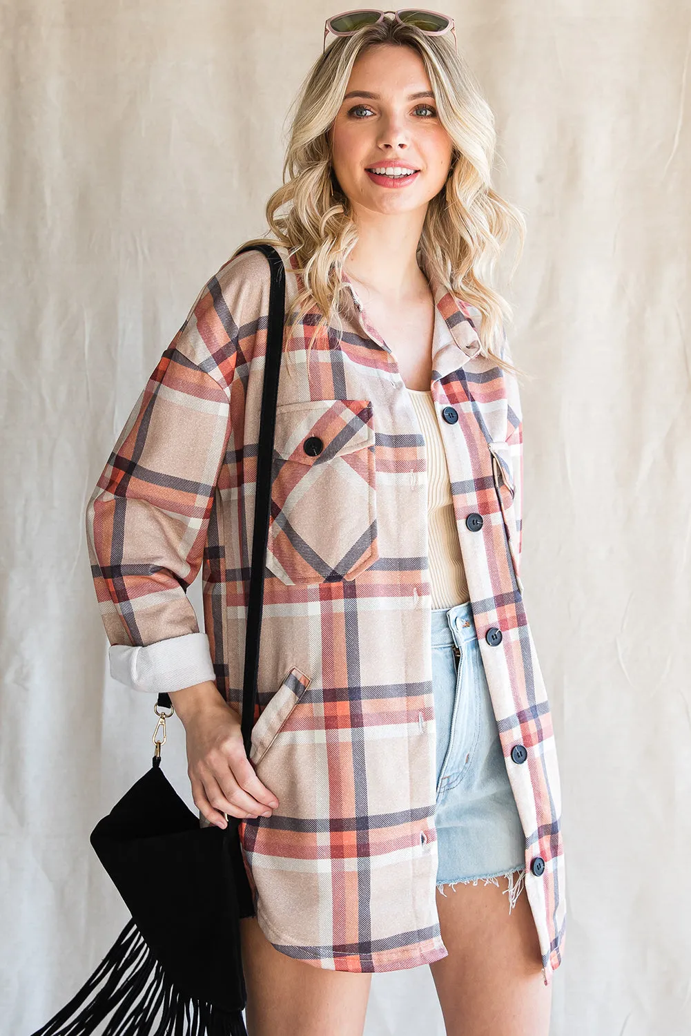 Khaki Chest Pockets Buttoned Oversized Plaid Shacket