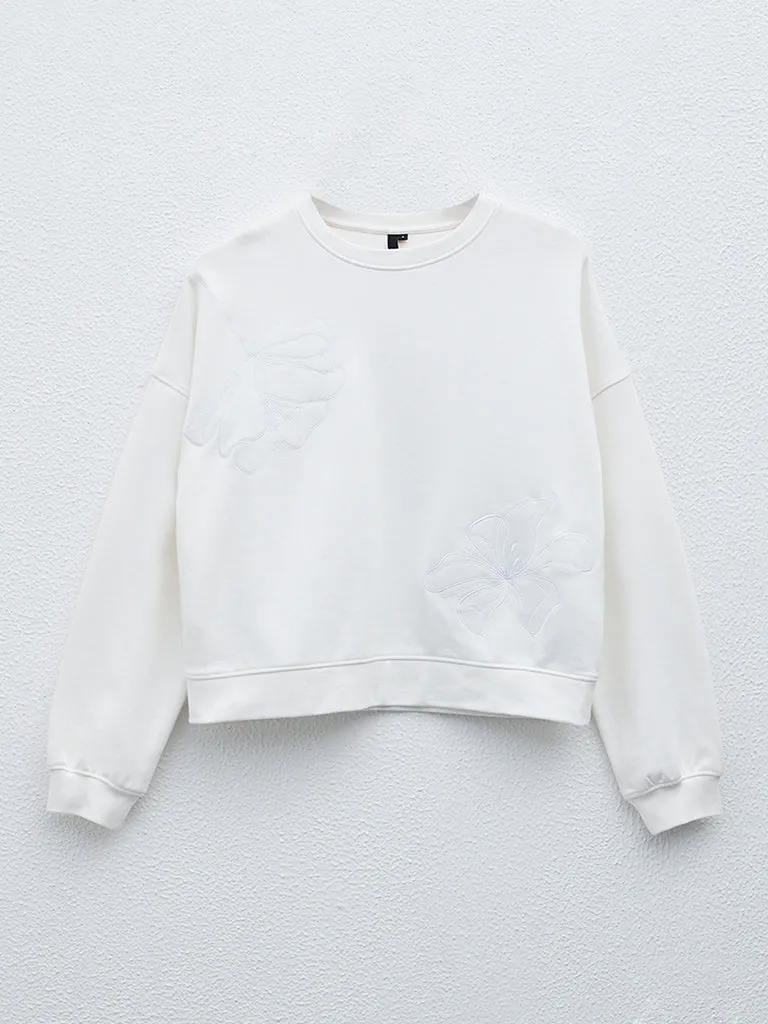 LOV Off-White Floral Detailed Cotton Blend Sweatshirt