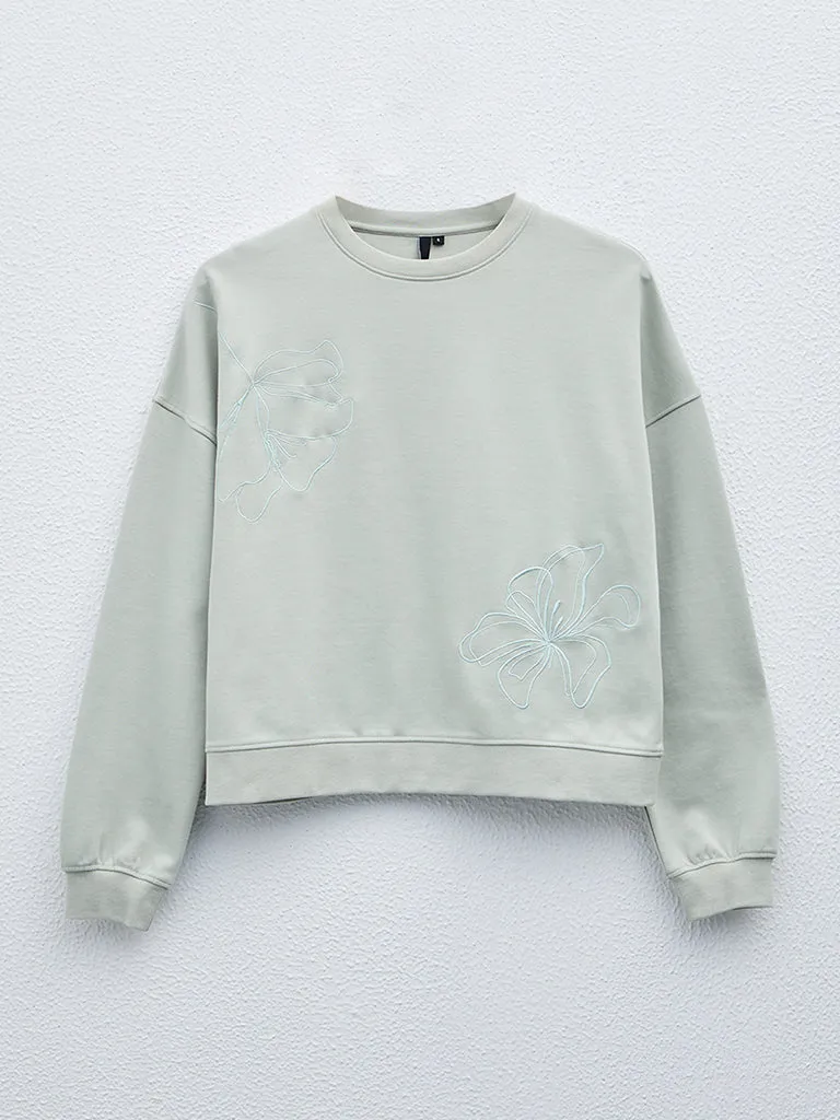 LOV Sage Floral Detailed Cotton Blend Sweatshirt