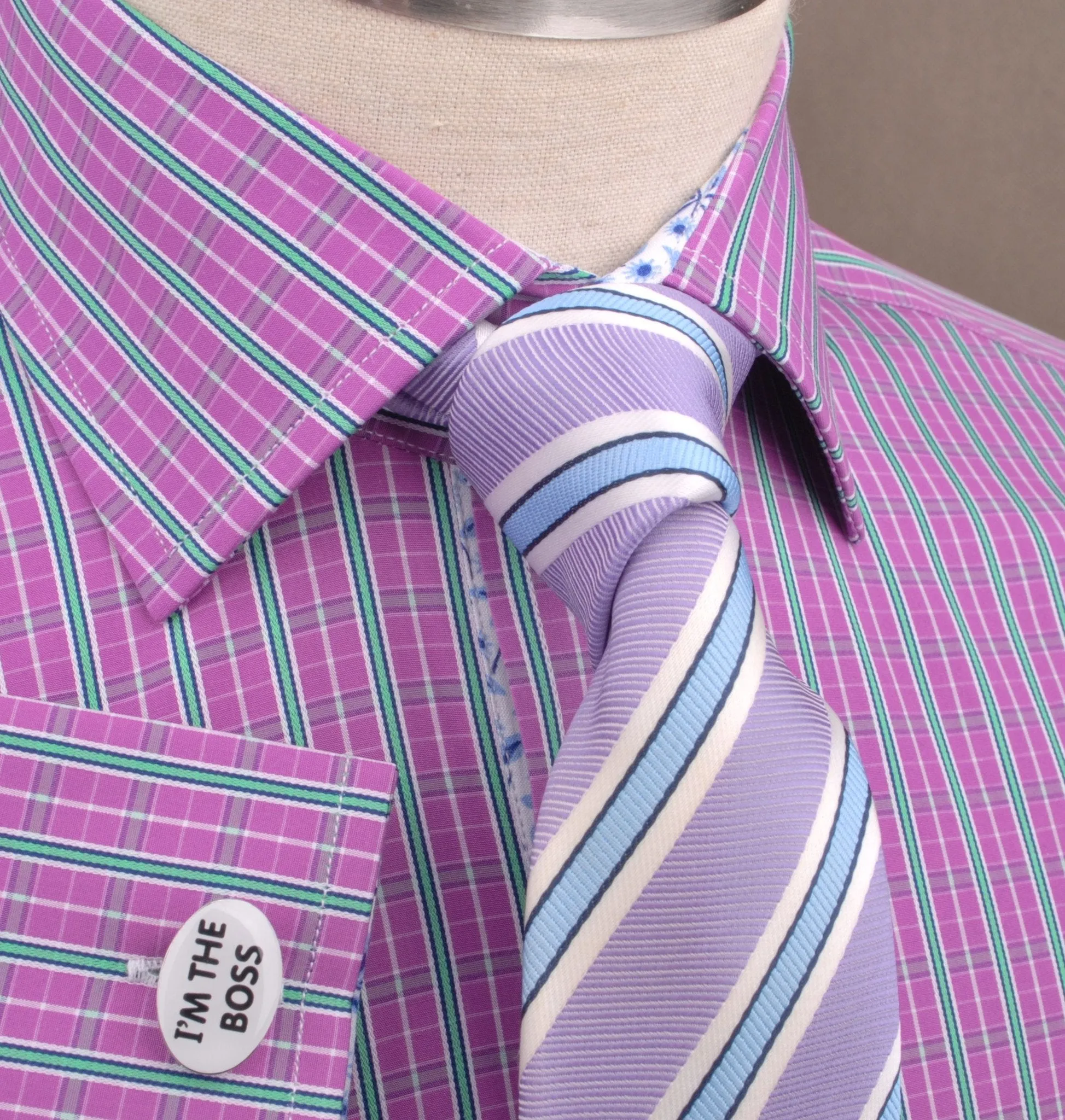 Magenta Red Green Fade Striped Checkered Designer Formal Business Shirt with Dandelion Inner-Lining