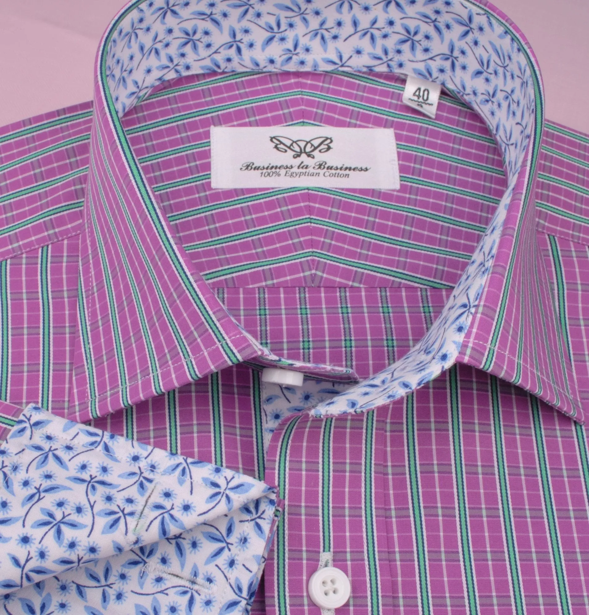 Magenta Red Green Fade Striped Checkered Designer Formal Business Shirt with Dandelion Inner-Lining